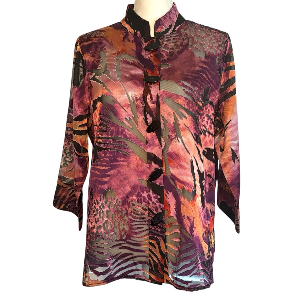 Drapers & Damons Womens Mandarin Collar Sheer Blouse Button‎ Front Animal Print